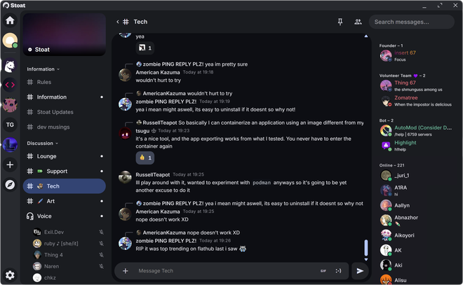 Interfaccia di Stoat con la colonna dei server, i canali testuali e la chat aperta