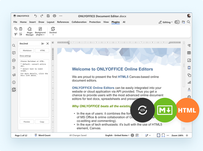 Editor di testo di OnlyOffice con la barra multifunzione a schede simile a quella di Word