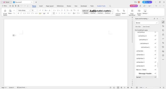 WPS Writer con un documento vuoto e la barra multifunzione simile a quella di Word