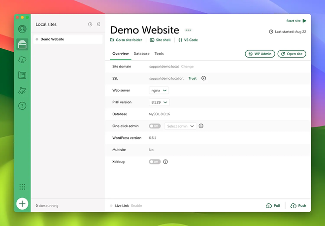 Scheda di un sito in Local con la versione di PHP, l’interruttore dell’HTTPS locale e il pulsante del collegamento pubblico