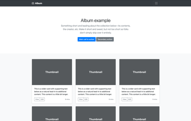 Pagina di esempio Album di Bootstrap con le schede disposte sulla griglia