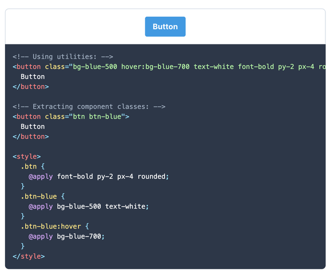 Markup di un pulsante costruito riga per riga con le classi di utilità di Tailwind CSS