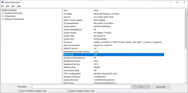 Schermata System Information di Windows per verificare la Modalità BIOS UEFI