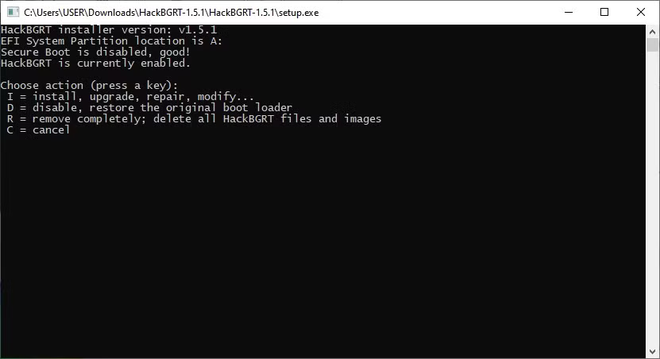 Schermata del Prompt dei Comandi durante l’installazione del software HackBGRT