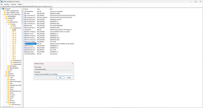 Editor del Registro di sistema aperto sulla chiave CentralProcessor con il valore ProcessorNameString evidenziato