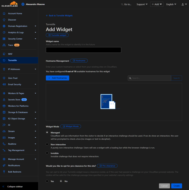 Schermata di generazione della Site Key e Secret Key nel pannello di Cloudflare Turnstile