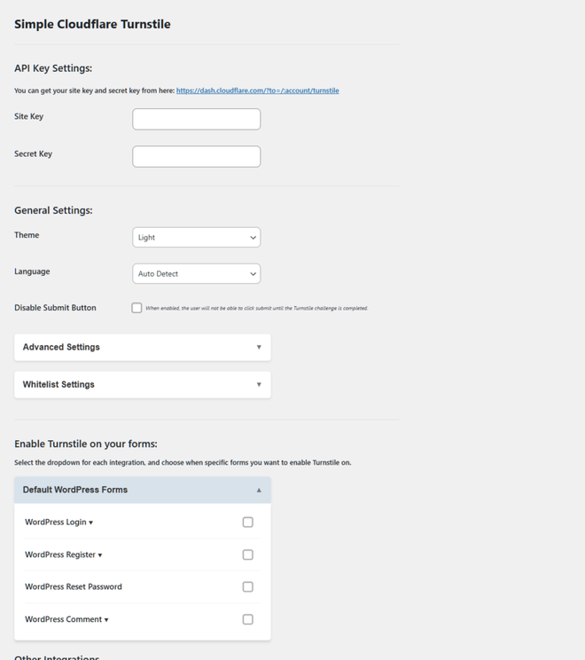Pannello delle impostazioni generali di Simple Cloudflare Turnstile con personalizzazione del tema e della lingua
