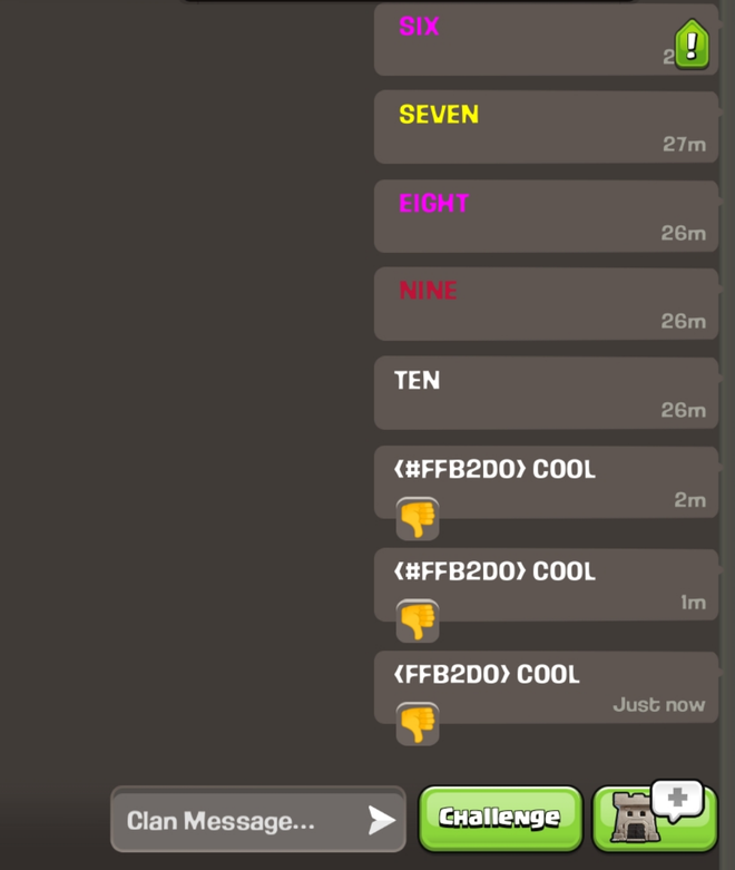 Chat del clan di Clash of Clans con i tag di colore rimasti visibili come testo