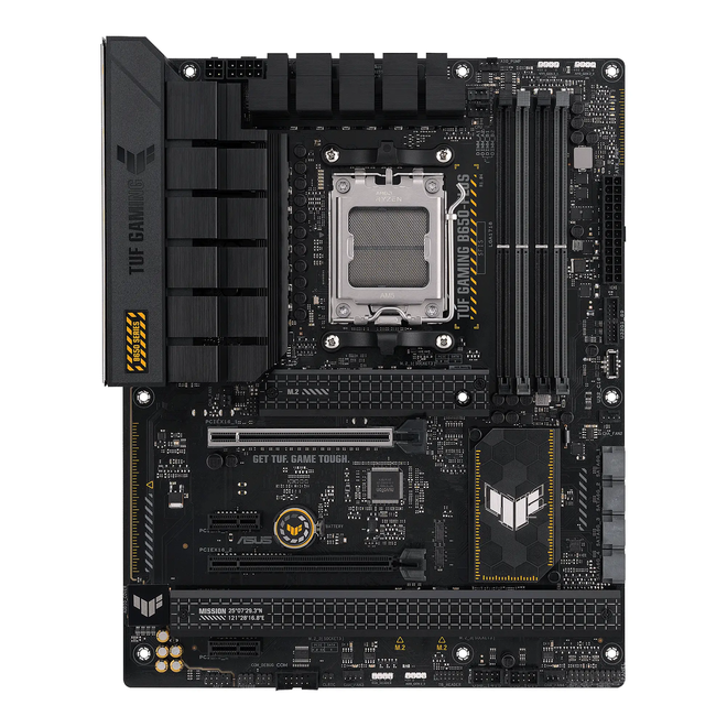 Scheda madre ATX vista dall'alto con socket del processore, slot RAM e connessioni sul bordo