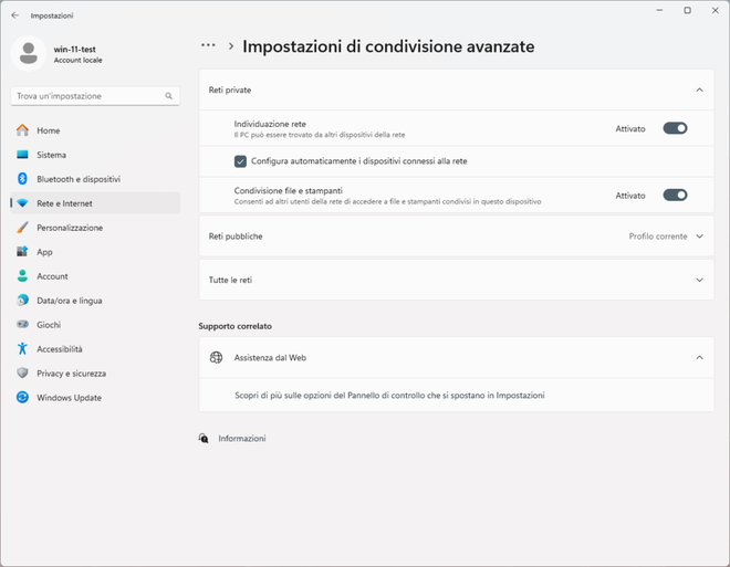 Attivazione della condivisione file e stampanti nel profilo di rete privato