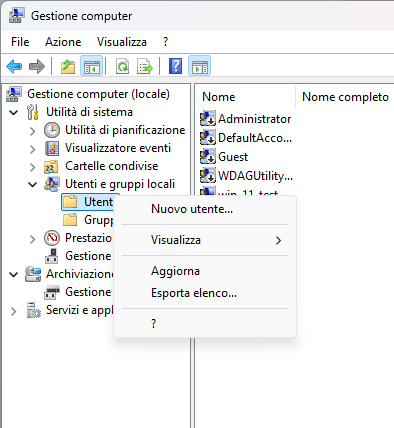 Strumento Gestione computer in Windows per creare nuovi account utente
