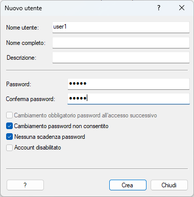 Inserimento di nome utente e password per il nuovo account di rete