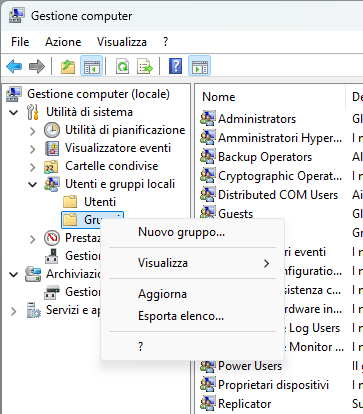 Creazione di un nuovo gruppo utenti per gestire gli accessi di rete
