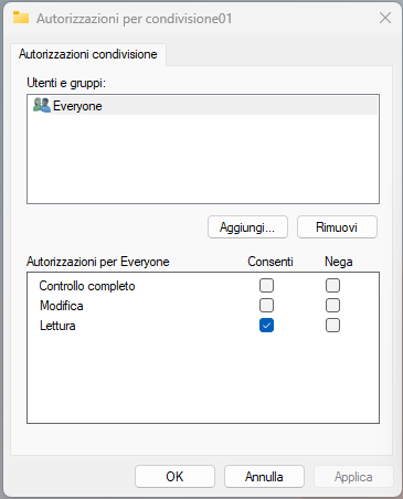 Finestra di configurazione per condividere la cartella sulla rete locale