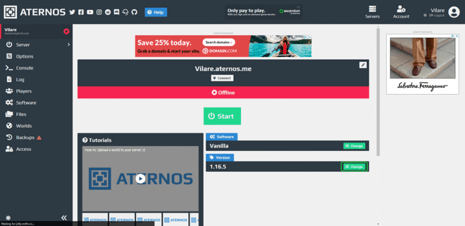 Section des versions du serveur sur Aternos avec bouton pour changer Minecraft édition