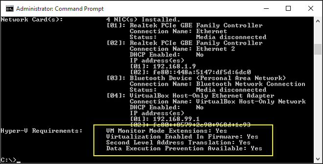 Schermata del terminale di Windows 11 che mostra i requisiti di Hyper-V necessari per la virtualizzazione