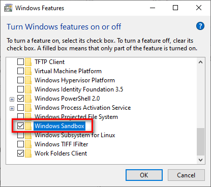 Finestra delle funzionalità opzionali di Windows con la spunta di attivazione su Sandbox di Windows