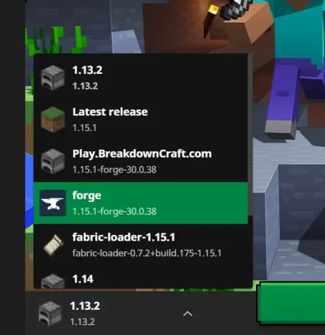 Sélection du profil de forge dans le menu déroulant officiel Minecraft Launcher