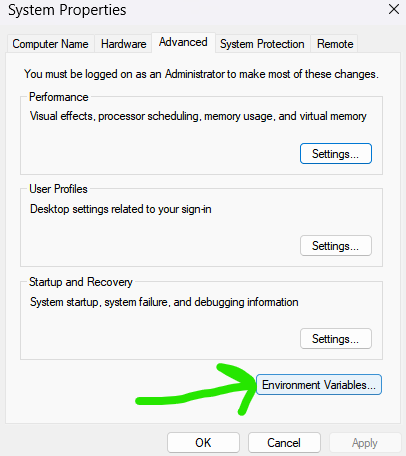 Windows Environmental Variables Management Button