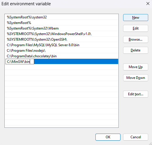 Inserting the new path for the compiler within the Path variable