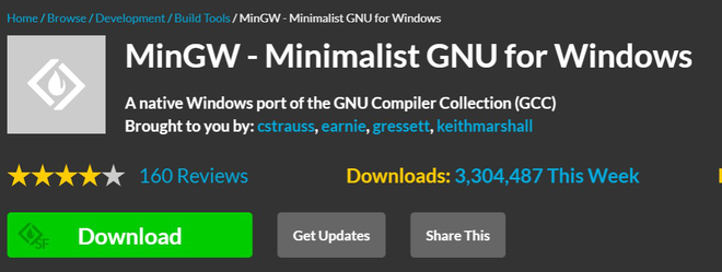 MinGW compiler download screen for C/C++ on SourceForge platform