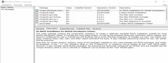 MinGW Installation Manager window after downloading the initial configuration