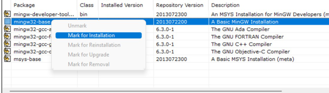 Selection of packages gcc and g++ for installation in the MinGW Installation Manager