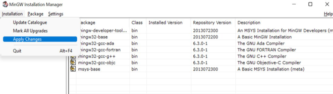 Window confirming the completion of the installation of MinGW packages