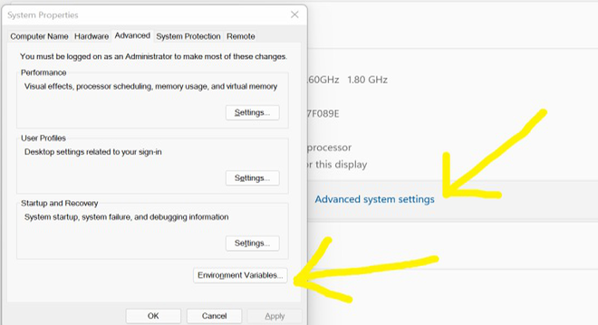 Advanced System Properties window with highlighted environment variables button
