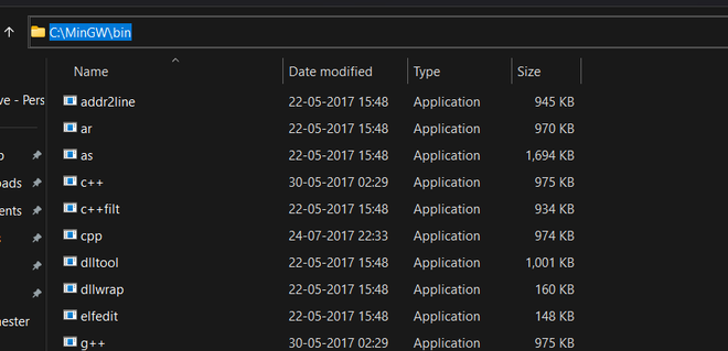 Selection and copy of the C:\MinGW\bin path from Explore resources