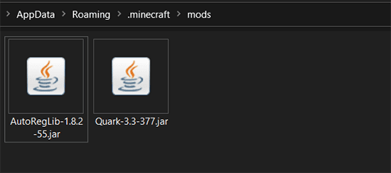 Fichiers .jar de mods insérés dans le dossier mods de Minecraft