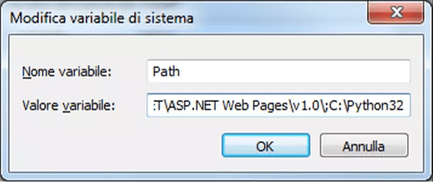 Schermata delle variabili d’ambiente di Windows per la configurazione manuale del PATH di Python