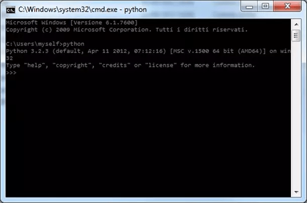 Test di avvio corretto dell’interprete Python tramite il prompt dei comandi di Windows