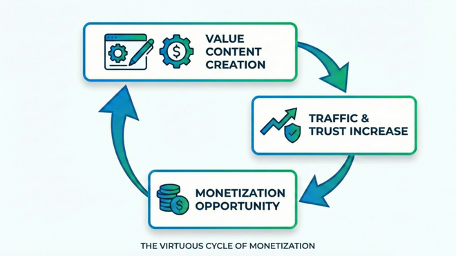 Grafico che illustra le fasi di crescita e come monetizzare un sito web con contenuti di valore