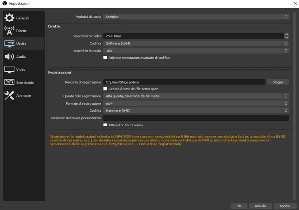 Impostazioni di uscita di OBS Studio per la scelta del formato video mp4 e della cartella di destinazione