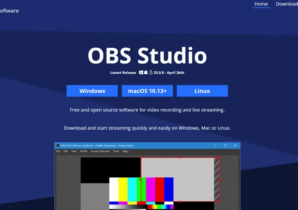 Pagina ufficiale per il download di OBS Studio con pulsanti per i vari sistemi operativi