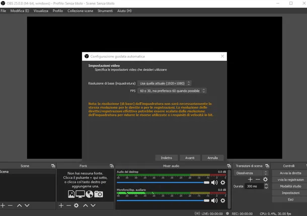 Interfaccia principale di OBS Studio con focus sul pulsante per aggiungere una nuova fonte di registrazione