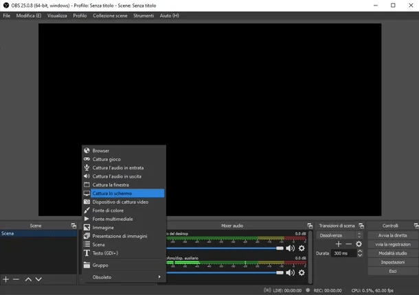 Menu di selezione per la cattura dello schermo in OBS con l’opzione per nascondere il cursore del mouse