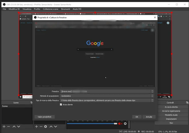 Effetto specchio infinito generato su OBS quando si inquadra il programma di cattura stesso