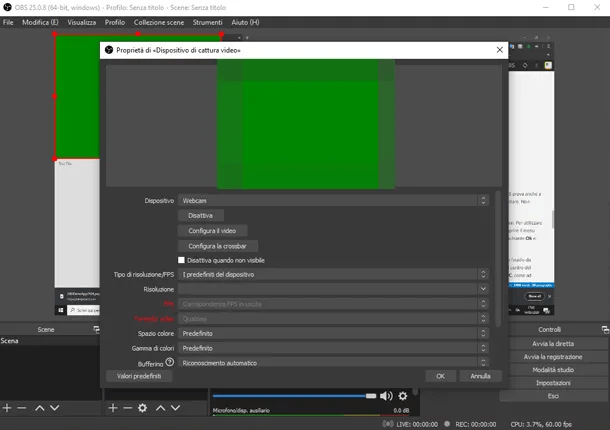 Dimostrazione di come ridimensionare e posizionare il riquadro della webcam all’interno dell’anteprima di OBS