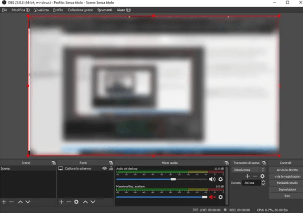 Pannello del Mixer Audio di OBS Studio per regolare i volumi di sistema e disattivare il microfono