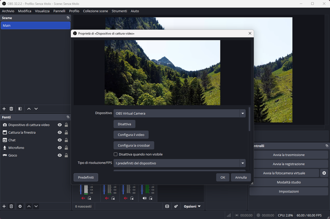 Dimostrazione di come ridimensionare e posizionare il riquadro della webcam all’interno dell’anteprima di OBS