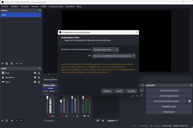 Interfaccia principale di OBS Studio con focus sul pulsante per aggiungere una nuova fonte di registrazione