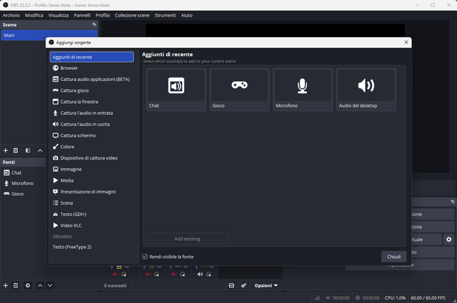 Menu di selezione per la cattura dello schermo in OBS con l’opzione per nascondere il cursore del mouse