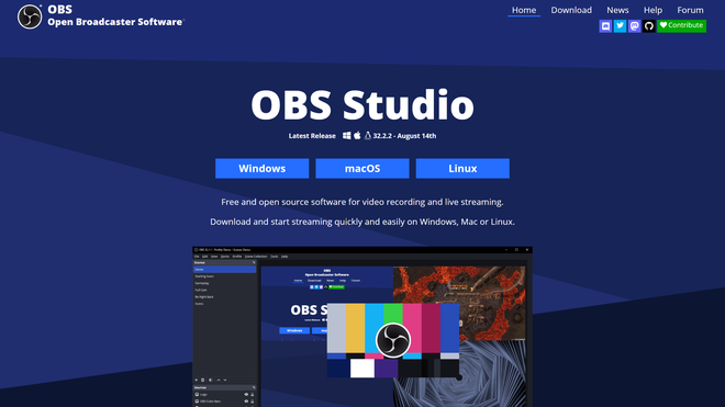 Pagina ufficiale per il download di OBS Studio con pulsanti per i vari sistemi operativi