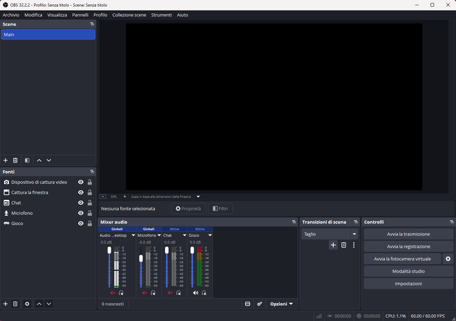 Pannello del Mixer Audio di OBS Studio per regolare i volumi di sistema e disattivare il microfono