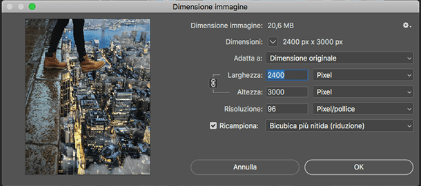 Schermata del pannello Dimensione immagine in Adobe Photoshop per ridimensionare foto e pixel