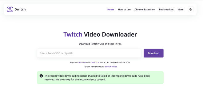 Homepage del sito Dwitch.net per scaricare video e clip da Twitch in alta risoluzione