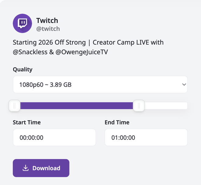 Schermata di selezione della risoluzione video per completare il download del VOD di Twitch