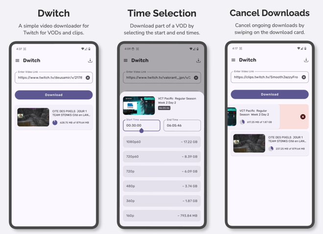 Schermata dell’applicazione Android di Dwitch progettata per scaricare contenuti da Twitch su smartphone